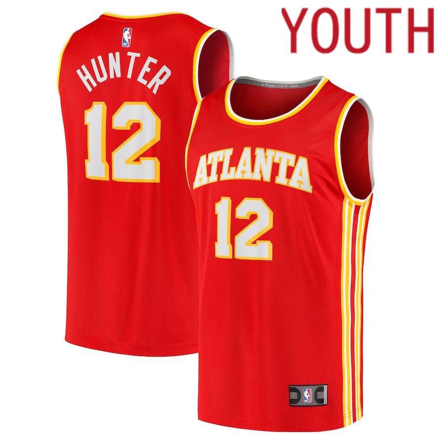 Youth Atlanta Hawks 12 De Andre Hunter Fanatics Branded Red Icon Edition 2021-22 Fast Break Replica NBA Jersey